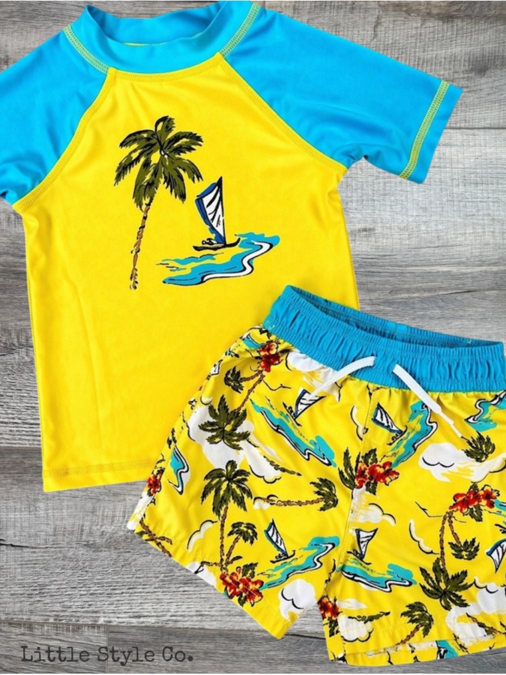 Toddler Boy Swim Set 2T Rash Guard + Trunks Bright Yellow Tropical Surf Outfit